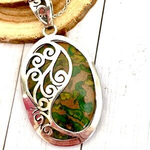 Antique Rain Forest Jasper Sterling Silver Pendant